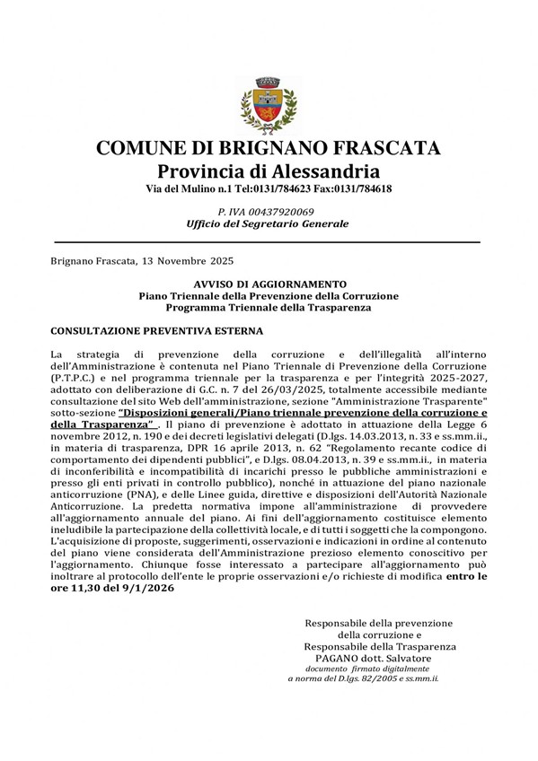 Avviso di aggiornamento PTPC